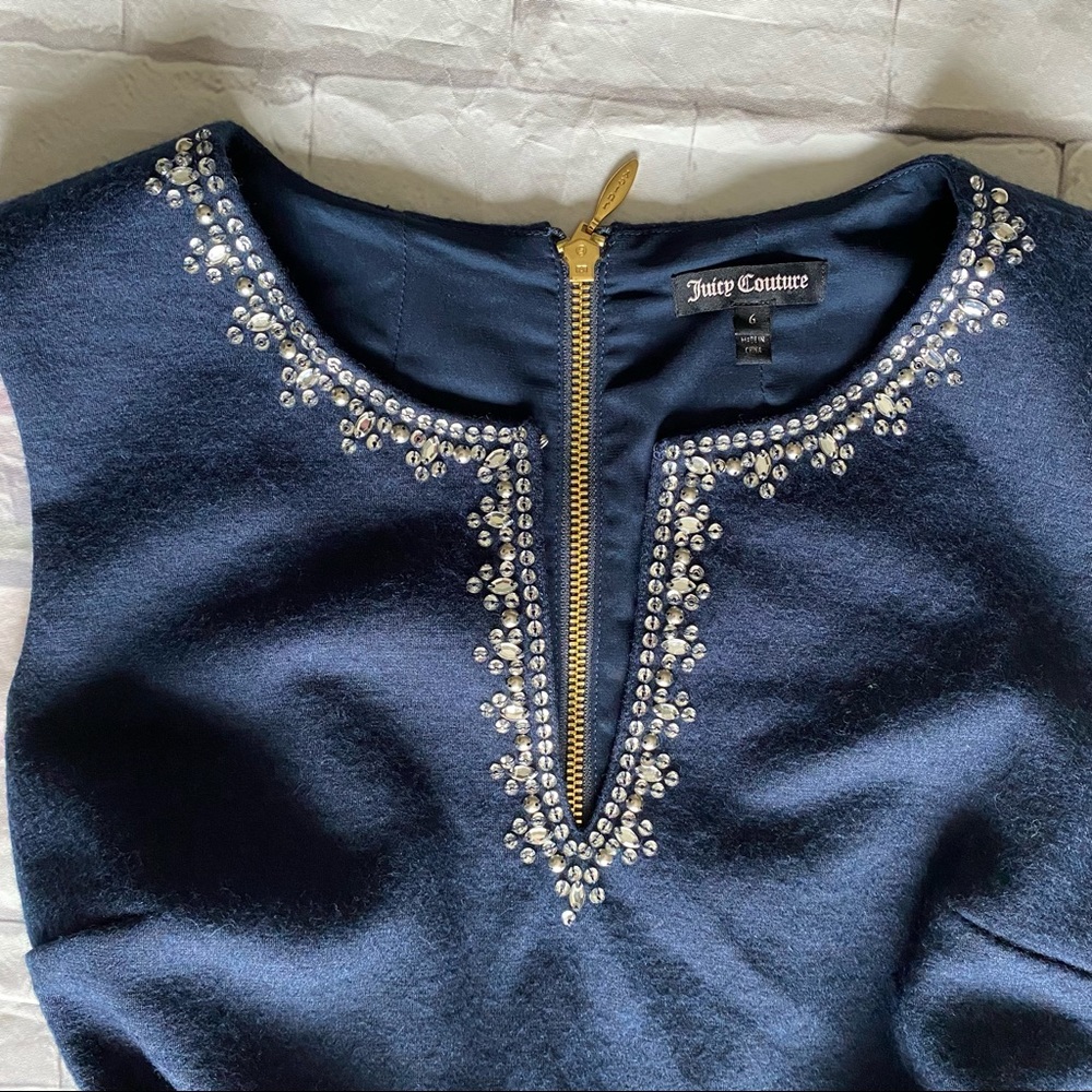 Juicy Couture navy blue wool peplum bling neck dress size 6